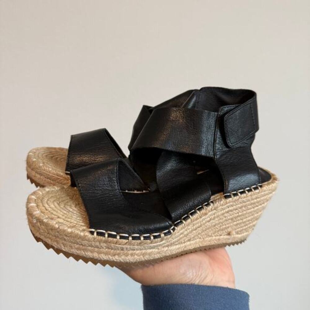 Eileen‎ Fisher Black Leather Espadrille Wedge Sandals 5 Minimalist Quiet Luxury